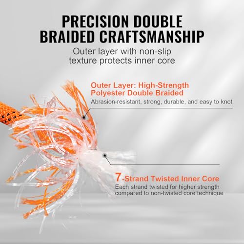 VEVOR Double Braided Polyester Rope, 1/2 in x 220 ft, 48 Strands, 8000 LBS Breaking Strength Outdoor Climbing Rope, Arborist Rigging Rope for Rock Hiking Camping Swing Rappelling Rescue, Orange/Black - size: 1/2 Inch x 220 FT, style: Polyester
