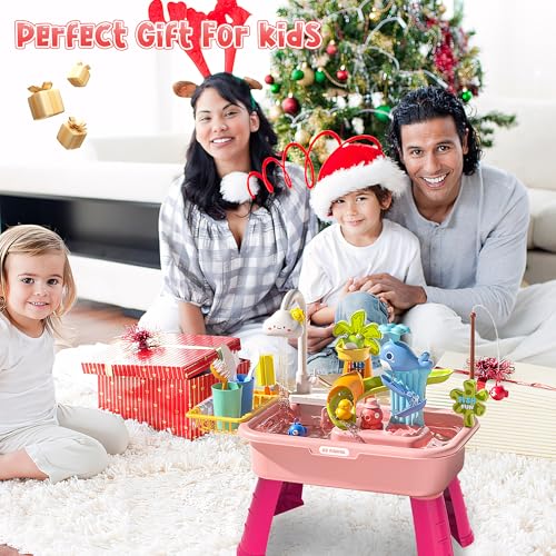 Upgraded Toddler Sand Water Table Toy with Electric Water Pump, Kids Sand Water with Faucet/Play Food Accessories/Fishing Toy, Kitchen Play Sink Toys for Girl Boy Age 3+ (Pink) - color: Pink