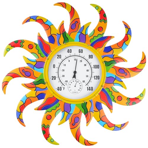 Colorful Sun Outdoor Thermometer & Hygrometer Combo, 25 Inch Indoor Outdoor Wall-Mounted Thermometer Large Numbers, Decorative Indoor Outside Thermometer for Patio, Garden, Living Room,Wine Cellar