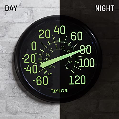 Taylor Glow in the Dark Wall Indoor Outdoor Thermometer, Wireless Thermometer with Easy to Read Numbers for Patio, Pool, and Indoor Areas, 13.25-inch, Black