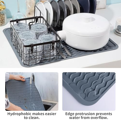 Silicone Dish Drying Mat - 2 Packs of Non-Slip Silicone Mat Easy Clean Drying Mat Large Heat-Resistant Dish Drainer Mat for Kitchen Counter, Sink, Refrigerator or Drawer Liner(16"x12", 12''x 6'' GREY)