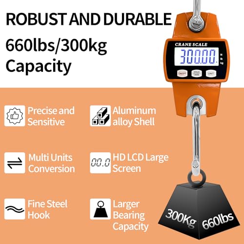 Sutekus Digital Hanging Scale 660lb Portable Crane Scale Waterproof Fish Scale 300kg Handheld Scale for Luggage Farm Hunting Fishing Outdoor