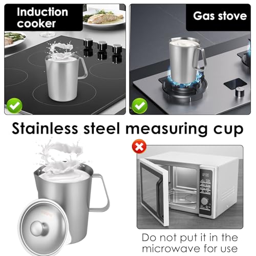 1 Pcs 2L/70 oz Large Stainless Steel Pitcher with Lid, Metal Measuring Cup with Handle & Scales, Wide Mouth Graduated Beakers, Milk Frothing Jug Metal Pitcher for Coffee Latte Art, Hot/Cold Water