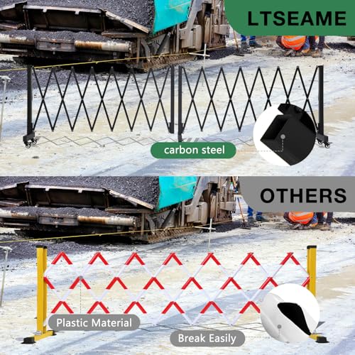 23FT Industrial Expandable Barricade Folding Security Gate with Wheels,Retractable Driveway Gate with Aluminum Fence Black - color: Black, size: 23 feet