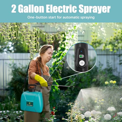 2 Gallon Battery Powered Sprayer, Electric Pump Sprayer in Lawn and Garden | USB Rechargeable Handle, 3 Mist Nozzles, Retractable Wand, Yard Sprayers with Adjustable Shoulder Strap for Yard, Garden - color: Blue-green, size: 2 Gallon