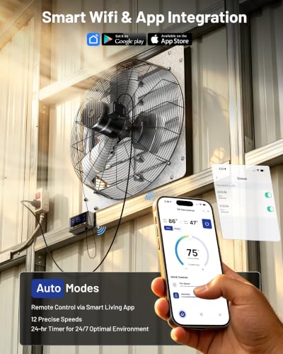 iLIVING 24" Smart Wall Mounted Shutter Exhaust Fan, 4244 CFM, 12-Speed, WiFi App Control Ventilation for Garages, Warehouse, Barn, Greenhouses, Auto Temperature Humidity Control, BLDC Motor, Hardwired - size: 24-inch