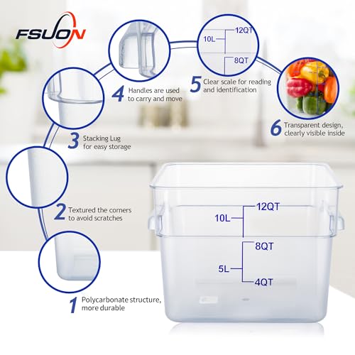 4 Pack 12 Qt Square Polycarbonate Food Storage Containers with Lids | Clear BPA-free PC with lids, side handles, measurement scale and stackable design; for food prep, storage and freezer use. - color: 12Qt