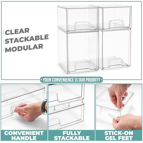 Sorbus Clear Stackable Storage Drawers (4 Pack, 7.6'' and 4.4'' Tall) | Acrylic containers with pull-out bins keep cosmetics, brushes and daily items sorted on bathroom counters or in cabinets. - size: 4 Pack, 7.6’’ and 4.4’’ Tall