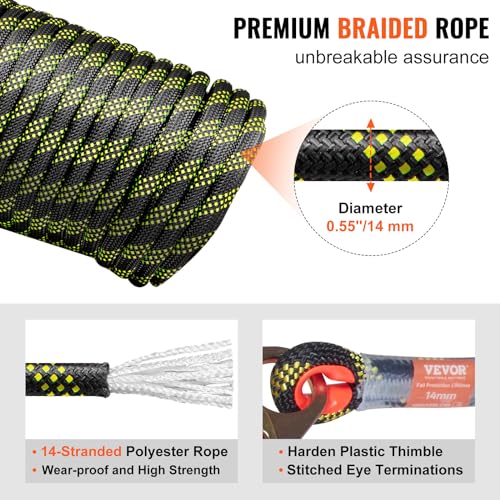 VEVOR Vertical Lifeline Assembly, 0.55'' x 100' Fall Protection Rope with 30 KN Breaking Tension, Polyester Roofing Rope with Steel Snap Hooks, Rope Grab, and Shock Absorber, ANSI Compliant - size: 100FT