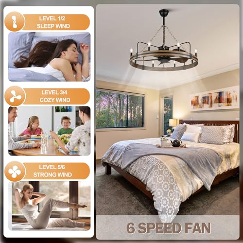 36" Wagon Wheel Chandelier with Fan 8-Lights Farmhouse Chandelier | Rustic Chandelier Ceiling Fan with Lights and Remote, for Dining Room Bedroom Living Room, Reversible Quiet DC Motor 6 Speeds - color: 36" Wagon Wheel
