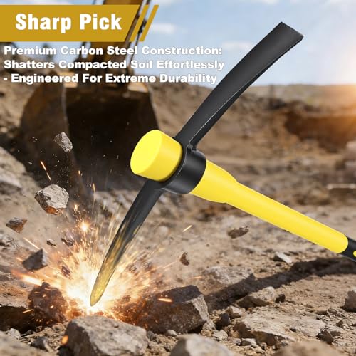 36 Inch Pick Mattock – Heavy Duty Rail Steel Garden Hoe with Fiberglass Handle, 2 in 1 Adze Hoe & Pick Axe for Digging, Landscaping, Yard Work, Outdoor