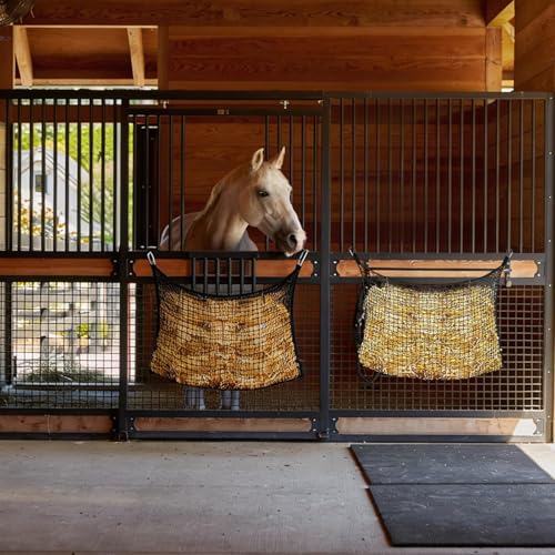 2 PCS Slow Feed Hay Net for Horses, Large Capacity Hay Bags with 4 Carabiner Clips and Gloves, Heavy Duty Slow Feeder for Horse Goat Sheep, Full Day Feeding for Stall Trailer, Black, 35 x 31 Inch