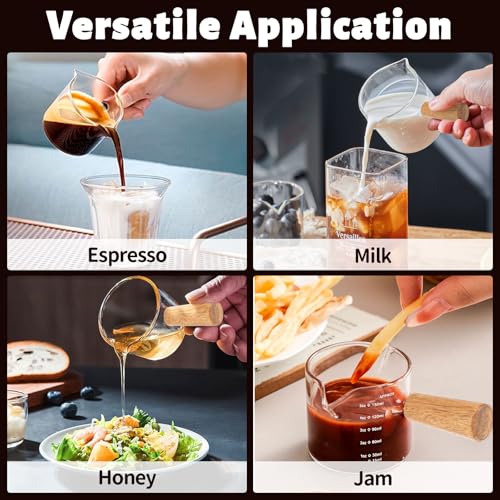 Espresso Shot Glass, 5OZ/150ML Dual Scale Measuring Cup with Wooden Handle, Heat Resistant Espresso Cappuccino Shot Cups with Double V-Shaped Spouts for Coffee Milk Tea Bar Serving