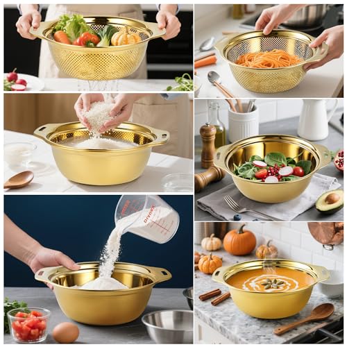 Gulex Colander Stainless Steel 4-quart with Bowls, Strainer Kitchen, Gold - color: Gold, size: 4QT