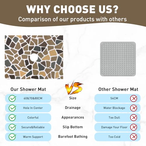 Square Shower Mat Non Slip: 32 x 24 Inch Extra Large Shower Mats with Drain Hole in Middle - PVC Loofah Anti Slip Shower Floor Matt for Inside Shower - color: Coffee Cobblestone, size: 32" x 24" (Rectangular)