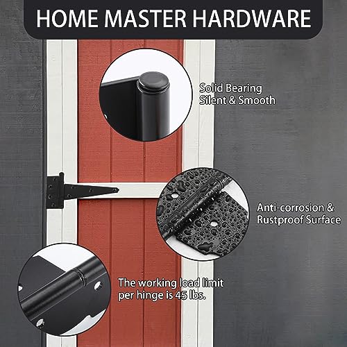 HOME MASTER HARDWARE Wood Gate Hardware Set- Heavy Duty 6" Gate Tee Hinge,Pull Set Gate Hardware Kit with Screws for Outdoor Fence Swing Gate Black Finish | 2 Pack T Strap Hinges, Self Locking Gate Latch, Pull Door Handle, Included Screws, Black, HOME MAS