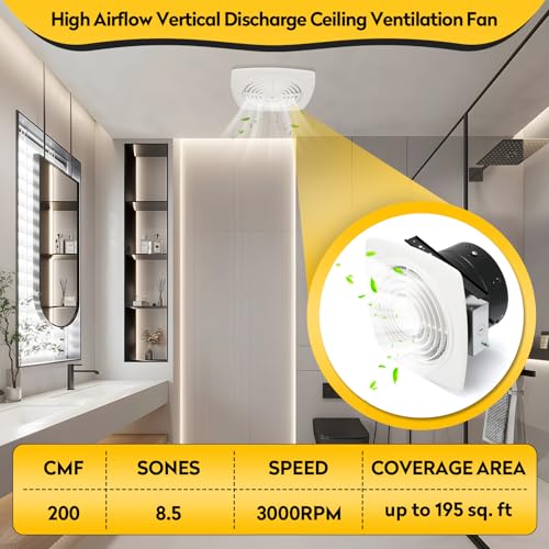 505 Bathroom Exhaust Fan 8 Inch Ceiling Ventilation Fan | 200 CFM High Airflow Kitchen Exhaust Fan, 8.5 Sones, Bathroom Exhaust Fan, Home and Commercial Use