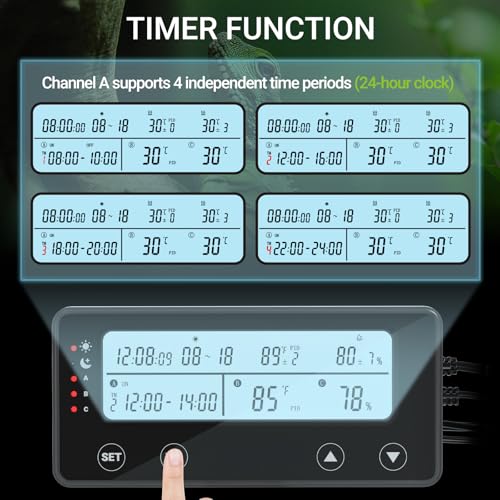 Reptile Temperature Controller with Timer, PID Reptile Digital Thermostat, 3-Channel Thermometer Hygrometer w/Memory, 2 IN 1 Day Night Temperature Humidity Gauge for Heat Lamp Bulb Humidifier