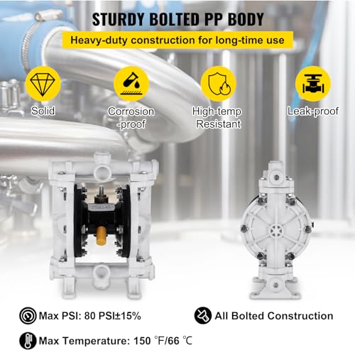 VEVOR Air-Operated Double Diaphragm Pump, 1/2 in Inlet & Outlet, Polypropylene Body, 13.2 GPM & Max 120PSI, PTFE Diaphragm Pneumatic Transfer Pump for Petroleum, Diesel, Oil & Low Viscosity Fluids - size: 2.5 GPM