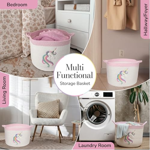 Unicorn Baby Storage Basket, Woven Cotton Rope Nursery Bin, 15x11 in | Stuffed Animal and Blanket Storage, Soft Felt Unicorn Patch, Baby Girl Room Decor, Shower Gift, Kids Playroom Organizer - color: Unicorn
