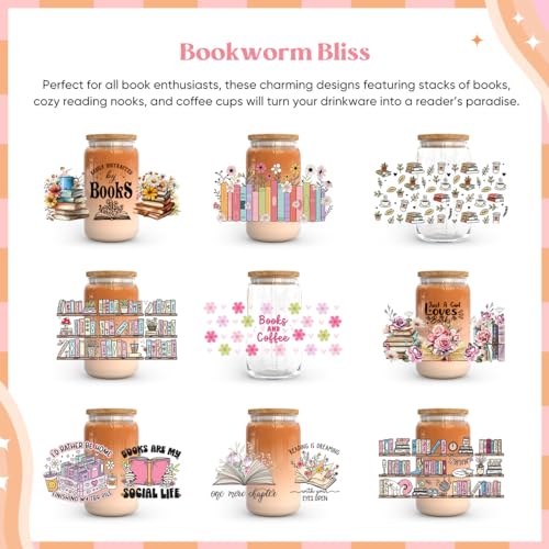 Kaciola 10 Sheets UV DTF Cup Wraps for 16 oz- Booklover Theme UV DTF Stickers, 1 Sheet Mysterious Pattern Transfer, Rub on Transfers Stickers for 16 oz Libbey Glasses Crafting - style: Book