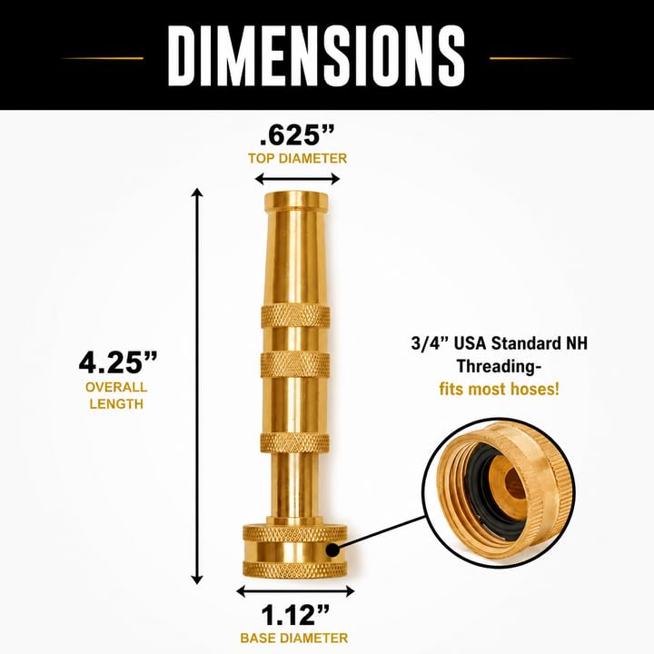Solid Brass Metal Twist Garden Hose Nozzle, Heavy Duty Adjustable Pressure Spray Attachment, High Power Water Jet Sprayer with 4 Holes & ¾” Standard Threading, Includes 2 Extra Rubber Washers - size: Nozzle Pro - 1 Pack