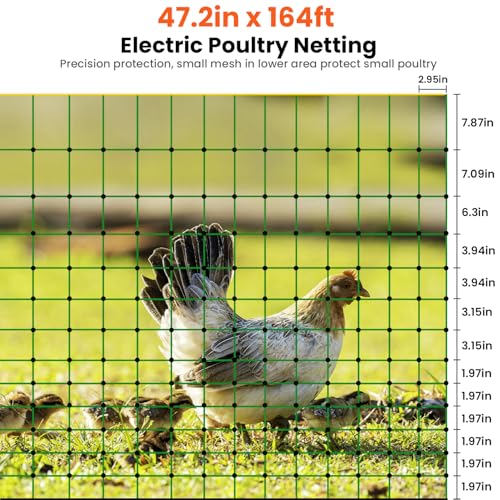 Electric Poultry Netting,47.2" H x 164'L Electric Chicken Fence for Turkeys | for Chickens, Sheep, Geese, Portable Poultry Nets Fence kit for the Yard,Backyards,Farms,Ranches, Energizer Not Included