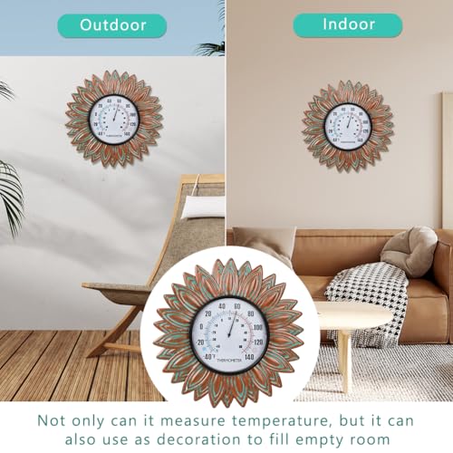 Sunflower Outdoor Thermometers, No Need Battery | 12" Metal Indoor Themometer, Wall Thermometer with Large Number Easy to Read for Patio Room Decor - color: Bronze Flower