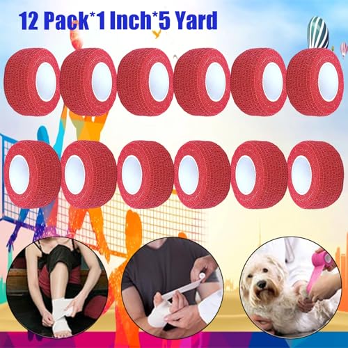 12 Pack Self Adhesive Wrap Bandage - Vet Wrap for Pets, Stretch Self-Adherent Cohesive Tape Breathable Athletic Tape Rolls (1 Inches x 5 Yards Each, Red) - color: Red
