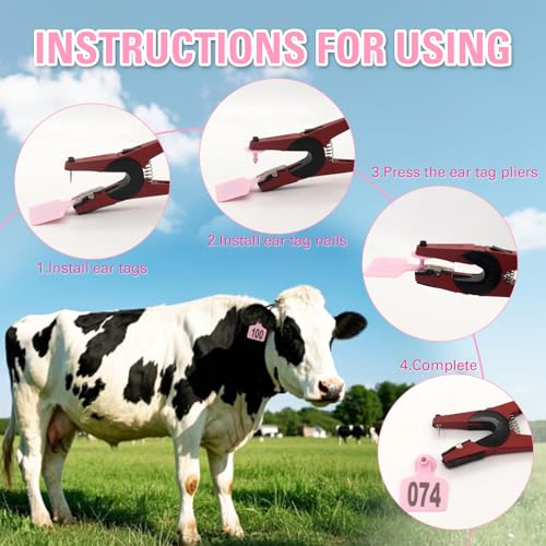 Cattle Ear Tags 001-100, 100Pcs Plastic Livestock Ear Tag for Cows Goats Sheep Pigs with Pliers Applicator & 2 Pins, Animal ID Tags for Ranch Farm Herd Tracking, Laser Print (001-100, Pink) - color: Pink