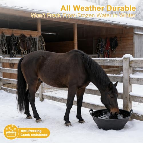 4Pcs Rubber and Plastic Feed Pan with Handle, 3 Gallon / 12 Quart | Plastic Feed Pan Utility Horse Feed Bucket for Cats Dogs Goats Chicken Dust Bath Container Animal Feeding Watering Bowl