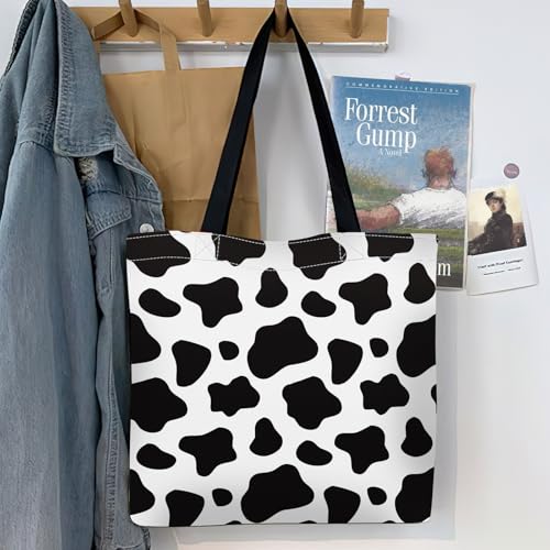 Canvas Tote Bag for Women，Cute Heavy-Duty Shoulder Bag with Zipper Pocket -Travel Tote for Grocery, Gym,Shopping - color: Black White Cowhide