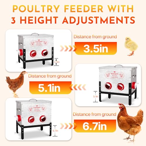 40Lb Automatic Chicken Feeder - No Waste Metal Chicken Feeders 6 Port Metal Silo with Locking Lid, Rat & Rodent Proof Weatherproof Design, Adjustable Legs for Poultry Outdoor Coop & Backyard Chickens - color: Matte Silver