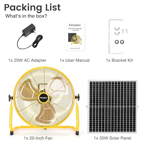 Fanspex 20" Solar Rechargeable Floor Fan for Outdoor Gazebo Greenhouse Barn | 111 Wh Battery Operated Fan, 360° Tilt with 35W Solar Panel Powered for Patio Camping Cooling or Air Circulation - size: 20"