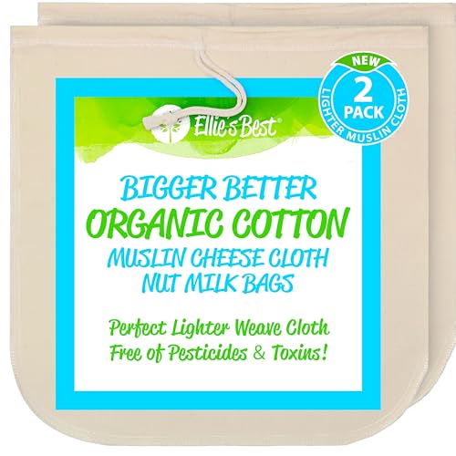 Organic Cotton EZ-2-Squeeze Nut Milk Bags - 2pk -14" x14" Reusable All Purpose Food Strainer Bag- Light Strong Muslin Mesh Cheesecloth - color: New Lightweight Unbleached Muslin Cheesecloth, size: 13 x13 inches