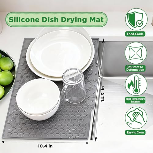 Silicone Dish Drying Mat,14"x10" Dish Drying Pad for Kitchen Counter or Sink,Non-Slip Drain Pad with Built-in Drain,Easy to Clean and Storage,Reusable