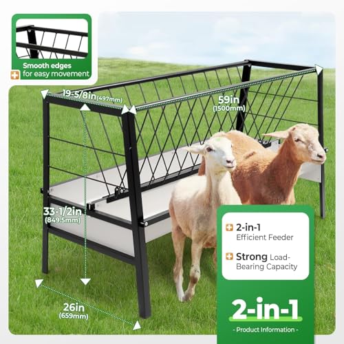 Pasture Hay Feeder 2 in 1 55 Gallon Livestock Feed Trough with 22 | Gallon Feed Pan Hay Grain Livestock Feeder for Sheep, Calf, Cow and Horse - color: Black