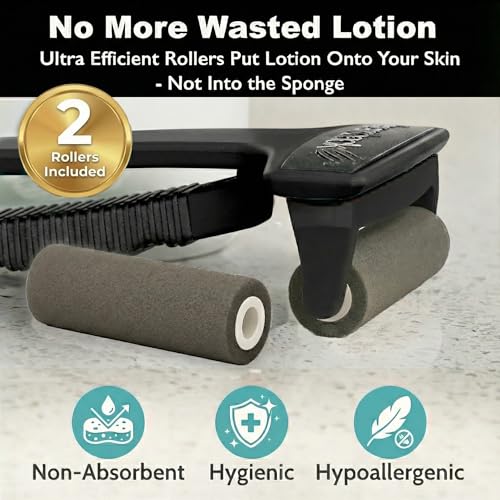 bearback Lotion Applicator for Back & Body, Black Handle with 2 Rollers | Long Reach Folding Handle, Reusable Foam Rollers, Apply Lotion, Medication, Ointment, Sunscreen, Self Tanner - color: Black