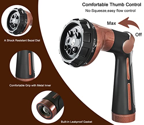 FANHAO Heavy Duty Garden Hose Nozzle, Metal Hose Sprayer Easy Thumb Control | 8 Spray Patterns, Rustproof Water Nozzle, Non-Slip Ergonomic Grip, Elder & Child Friendly for Garden, Car & Pet, Brown - color: Brown