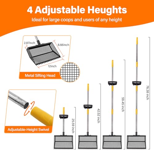 AsFrost 2-in-1 Chicken Poop Scooper & Rake for Chicken Coop | 12" Heavy Duty Litter Scooper Sand Sifting Shovel, Adjustable 26" to 76" Stainless Steel Handle for Small Farm & Sand