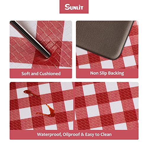 Sunlit Set of 2 Anti Fatigue Kitchen Floor Mat, Non Slip Waterproof Comfort Standing Mat, 0.4 Inch Thick Cushioned Farmhouse Kitchen Rug Runner, White Red Buffalo Check (17"x28"&17"x47") - color: Red