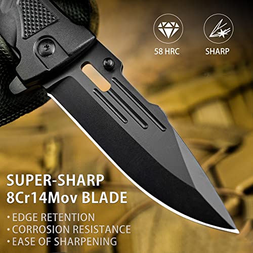 NedFoss Pocket Folding Knife DA75, 3 in 1 Pocket Knife Gifts for Men Women | Survival Knife with Liner-Lock Belt Clip, Seat Belt Cutter, Glass Breaker, Hunting knife for Camping Hiking - color: Black-Standard Edge