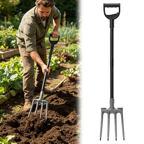 Pitch Fork, Metal Broadfork Garden Tool Long Handle, 4 Tine Mulch Hay Manure Digging Bedding Hay Potato Garden Fork Shovel for Gardening Loosening Soil Compost - size: 47"