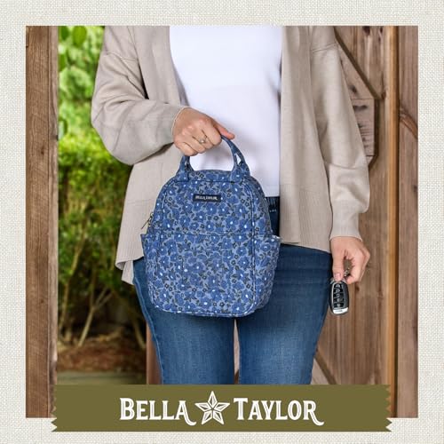 Bella Taylor Lunch Tote, Quilted Lunch Bag, Navy Floral | Lightweight quilted cotton lunch box, easy-to-clean PEVA lining, 3 outside/1 inside pocket, durable construction - color: Navy Floral