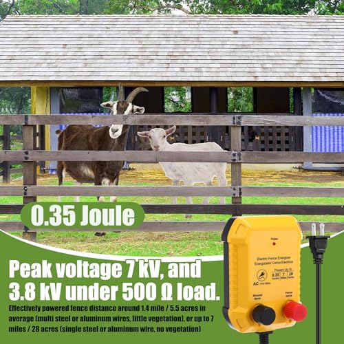 Electric Fence Kit, 0.35j Charger 3366ft Wire 60 Insulators | 5 Mile 110V Plug in Electric Fence, Polywire for Livestock Horse Cattle Poultry, T Post Screw Insulators, Farm Pasture - size: 3366FT, style: 0.35J