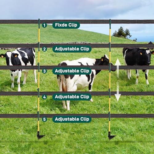 48In/4FT Fiberglass Step-in Electric Fence Posts | 5 Large Clips, Holds Wire, Poly Tape, and Poly Rope, Livestock Control | Lightweight, Anti-Rotation
