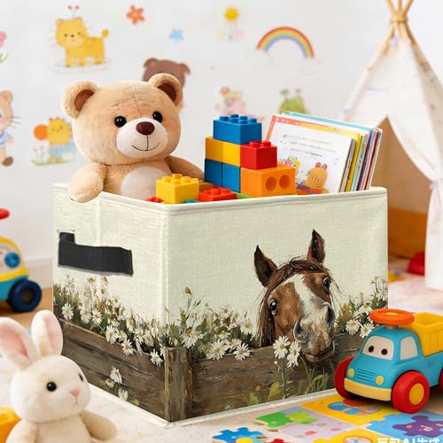 Farmhouse Daisy Horse Storage Bins Box with Handles, Rustic Cottagecore Floral Horse Collapsible Laundry Basket Hamper Clothes Books Organizer for Room Home Bedroom Bathroom - color: style 01