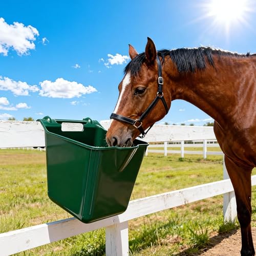 Horse Feed Bucket, 15 Quart Plastic Stall Hook Over, Green 4-Pack | Sturdy Hooks Secure to Gates or Fences, Versatile Bucket Suits Goats, Sheep, Livestock in Farms, Workshops, Yards