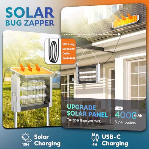 PhatroyYee Solar Bug Zapper, 4500V Mosquito Zapper Killer Trap Rechargeable | Solar Power & USB-C Dual Charge Options, 4000mAh Rechargeable, IPX5 Waterproof, Auto Mode, 1/2 Acre, Backyard Garden Friendly - color: White