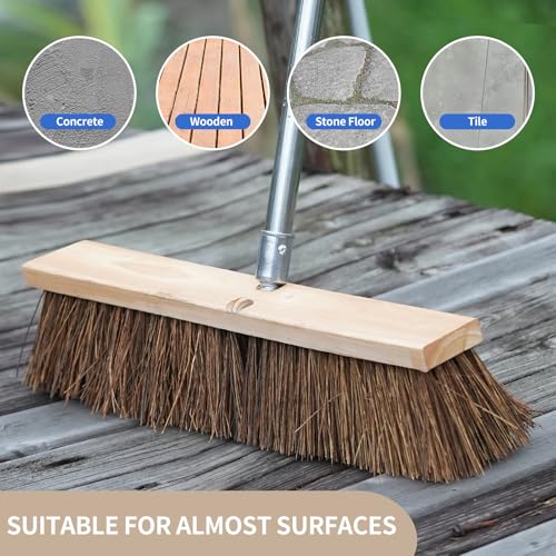 Heavy Duty 18" Push Broom with 65" Long Handle for Outdoor and Commercial | Large Wide Shop Broom, Stiff Palmyra Bristle Outside Broom Brush for Sweeping Concrete Floor, Garage, Patio, Yard, Lawn